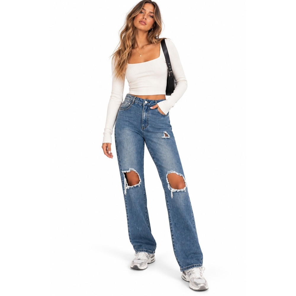 Princess Polly Distressed Straight Leg Jeans Blue Denim High Rise Size 10 NEW